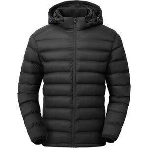 Men’s Black 100% Nylon Hooded Zip-Up Lightweight Warm Winter Puffer Jacket